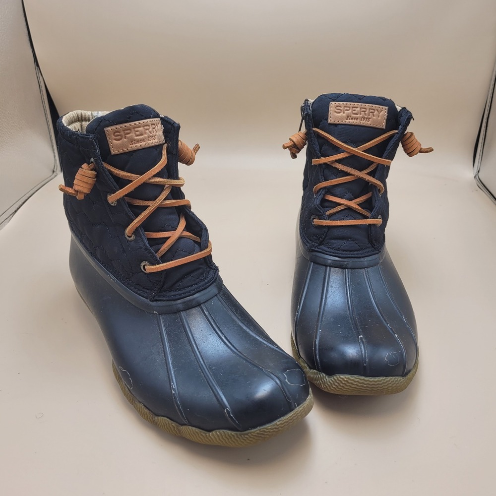 Sperry Top-Sider Saltwater Quilted Duck Boots Navy Blue Tan Women Size 7